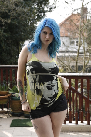 Blue haired newbie gets down to her polka-dot panties on porch - XXXonXXX - Pic 1