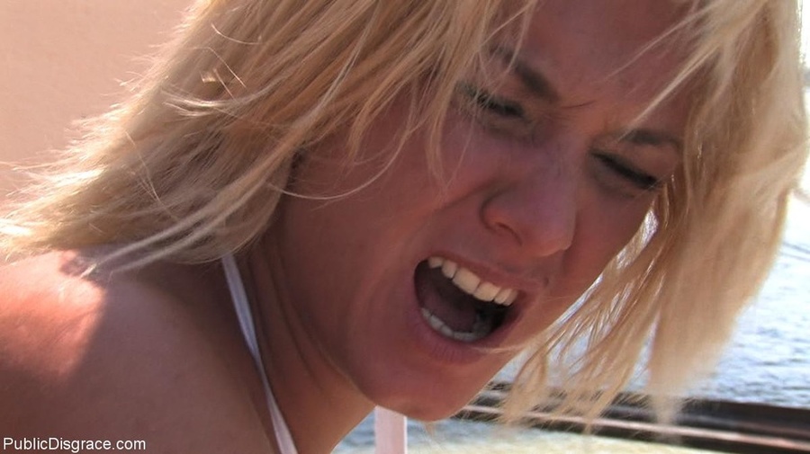 Ball-gagged blonde in a sexy white ensemble - XXX Dessert - Picture 15