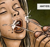 Slutty babe gets a double dose of cum all over her pretty face. Breeders: