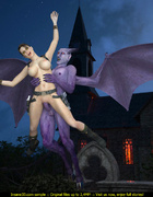 Purple gargoyle sprays his cum all over brunette's hot body