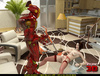 Short haired bitch gets rammed by a robot in front of her dad