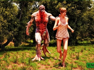 Freaky monster is ready to bang a sweet gal outdoors - Picture 1