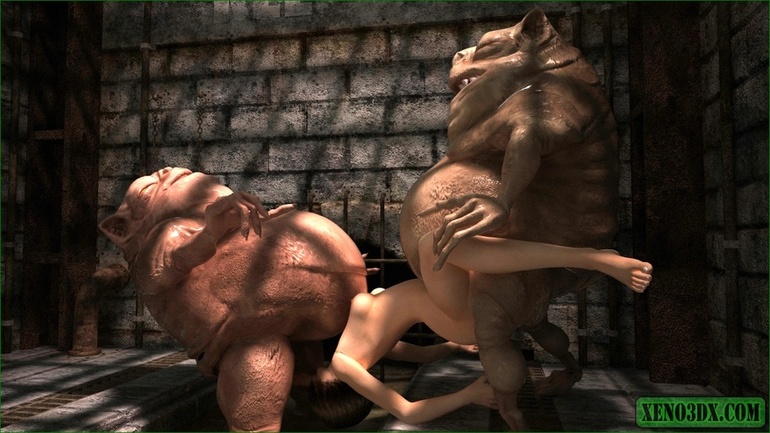 Two fat creatures fucking a brunette in the dungeon - Picture 1