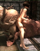 Two fat creatures fucking a brunette in the dungeon