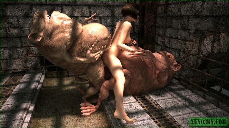 Two fat creatures fucking a brunette in the dungeon - Picture 2