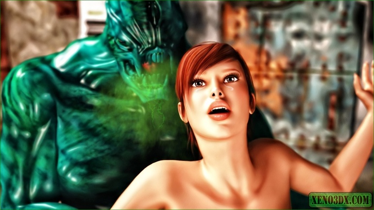 Green creature fucks a redhead and gives her a facial - Picture 1