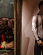 Blonde gal in red gets nailed by a horny monster