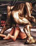 Brunette gal gets alien's dick deep inside her twat