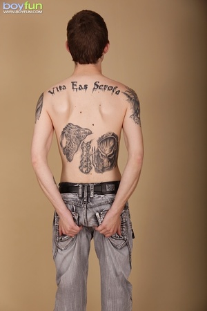 Skinny dude with tattoos enjoys squeezing his balls and prick - XXXonXXX - Pic 5