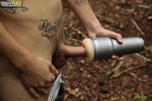 He brought his fleshlight to the woods with him and enjoys licking his cum - Picture 12