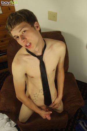 Hot prick wearing sexy tie masturbates in living room and poses doggy style - Picture 14