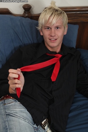 Showy and hot blond dude wearing red tie poses in sissy positions and shows you great cock - Picture 2