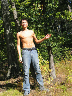 Teen gay boy teases in the woods and jerks off his cock - Picture 9