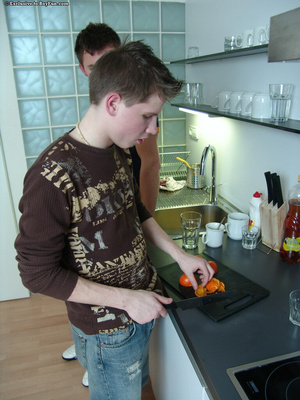 Gay friends have some fun in the kitchen with a blowjob and sex - Picture 1