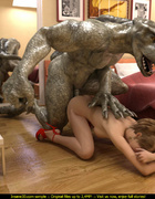 Brunette gal sucks dinosaur's dong and gets rammed