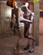 Redhead babe gets very sexual with an alien with tentacle mouth.