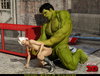 Blonde honey riding a green thick meat pole with joy