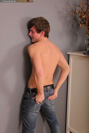 Cute dude takes off his blue shirt and shows his hunk body before he strips down his jeans and red brief the bend over and expose his hairy butt hole. - Picture 5