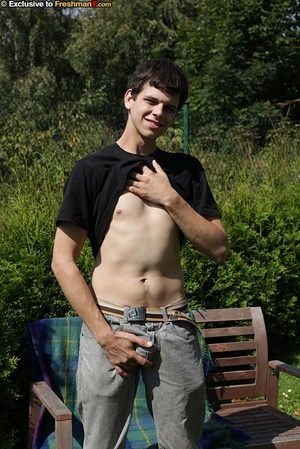 Hot dude takes of his black shirt and shows his skinny body outoor before he strips down his jeans and bares his butt hole and big cock on a wooden bench wearing his black brief. - XXXonXXX - Pic 4