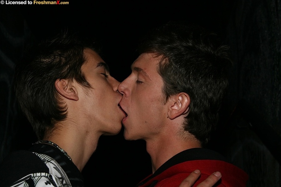 Pretty boy wearing black and white jacket, black shirt and jeans makes out with his handsome lover in red sweater and jeans before they take turns kneeling down and sucking each others cocks in a dark stairway. - XXXonXXX - Pic 4