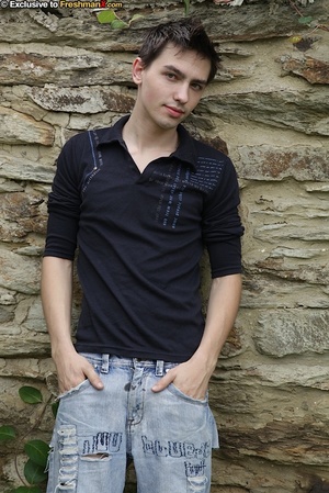 Handsome gay goes out and peels off his black shirt then shows his skinny body before he strips down his jeans and pulls his dick out of his black brief. - XXXonXXX - Pic 2