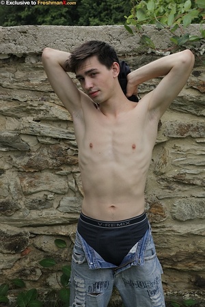 Handsome gay goes out and peels off his black shirt then shows his skinny body before he strips down his jeans and pulls his dick out of his black brief. - XXXonXXX - Pic 5