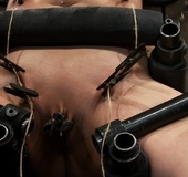 A series of bondage pipes secure a ball-gagged slut to a wooden wall while