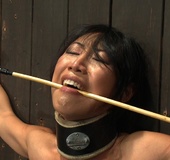 Round-breasted Asian does the splits in the air during her tricky BDSM