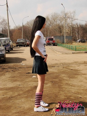 Gal in knee high socks and playful outfit shows off her delicious, alluring tits - Picture 4
