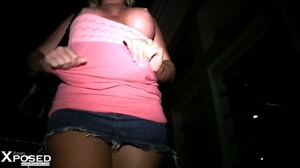 Blonde bombshell walks on the streets at night time the pulls down her pink tube blouse and releases her large tits before she bends over and lets you peek at her sweet pussy. - XXXonXXX - Pic 4