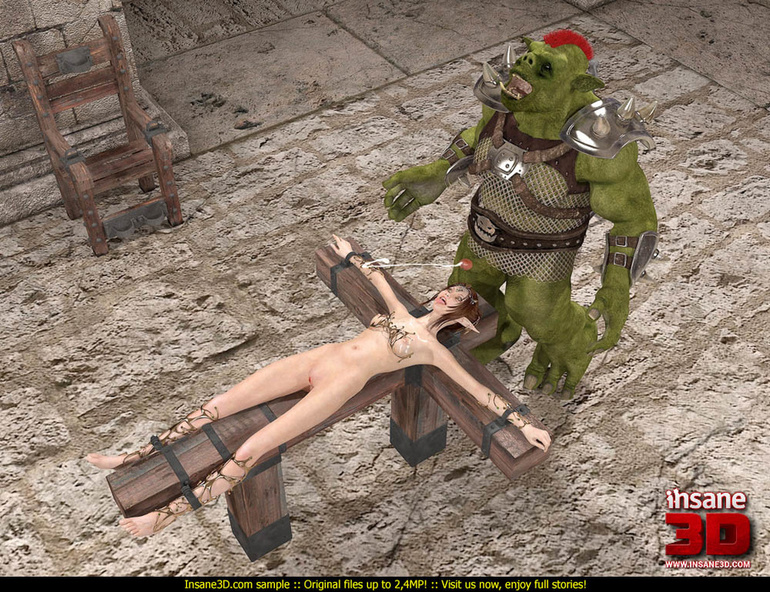 Horny green monster fucks a tied up elf slut - Picture 1