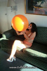 Horny latina wears white heels and orange lingerie when enjoying her balloon