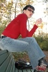 nerd brunette park bench