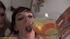 Stunning brunette gets all her juice and piss in jug and makes babe drink