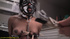 Ebony piss loving bondage babe is masked and her titties pegged in extreme