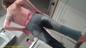 Blue eyed blonde is gaged and whipped until she pisses her tight blue jeans - XXXonXXX - Pic 12