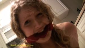 Blonde gaged and bound is humiliated until she pees in glass bowl - Picture 13