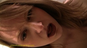 Seductress blonde with dark lipstick takes shots of her soft hot pee - Picture 13