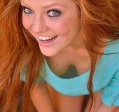 Fair ginger gal can't wait to get home and strips and uses toy on floor