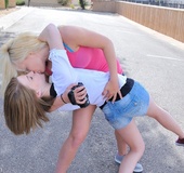 Petite lesbians with tongue piercings show tits and lick wet pussy in