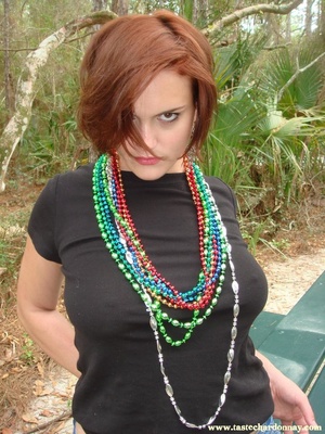 Party redhead in colored beads, jeans an - XXX Dessert - Picture 1
