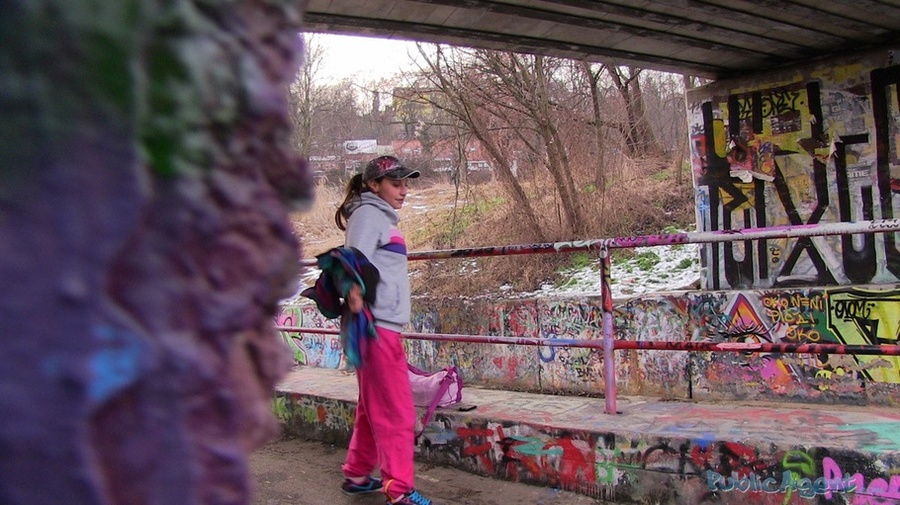 Brunette in face cap, pink pants, colorful  - XXX Dessert - Picture 1