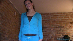 Fresh brunette in blue jacket and pants  - Picture 6