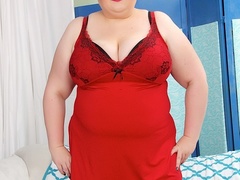 Busty chubby brunette in red negligee and black lingerie - Picture 1