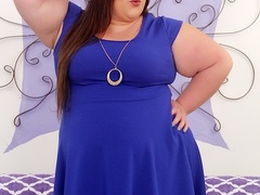 Chubby brunette in blue dress and white lingerie flaunts - Picture 1