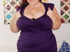 Hot redhead in short purple dress rubs cunt and gets - Picture 1