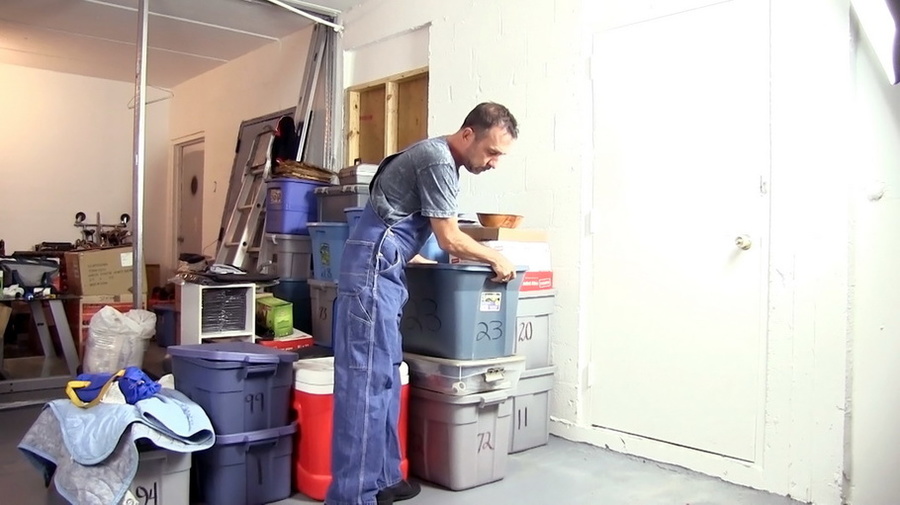 Nasty guy in jeans dungarees finds sex toy  - XXX Dessert - Picture 1