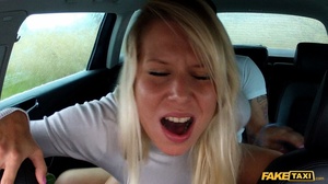 Steaming hot blonde teases with her banging body in a fake taxi wearing her black leather jacket and white shirt and pants then sucks the driver's  hard cock before she lets him bang her in different styles til he cums on her pussy. - XXXonXXX - Pic 7