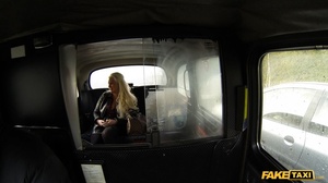 Busty blonde in black leather jacket, red and black blouse, black skirt and stockings shows her big boobs then spreads wide in a fake taxi and lets the driver lick her twat before she sucks his cock then lets him fuck her in missionary position til he cums on her pussy. - Picture 2