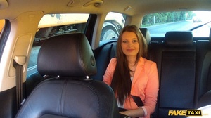 Cute hottie suck the driver's dick in a fake taxi before she takes off her peach coat and black pants then lets him bang her in multiple styles til he blows on her ass wearing her white shirt. - Picture 3